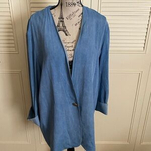 Kwai blue chambray single button blouse shirt cuffed sleeves